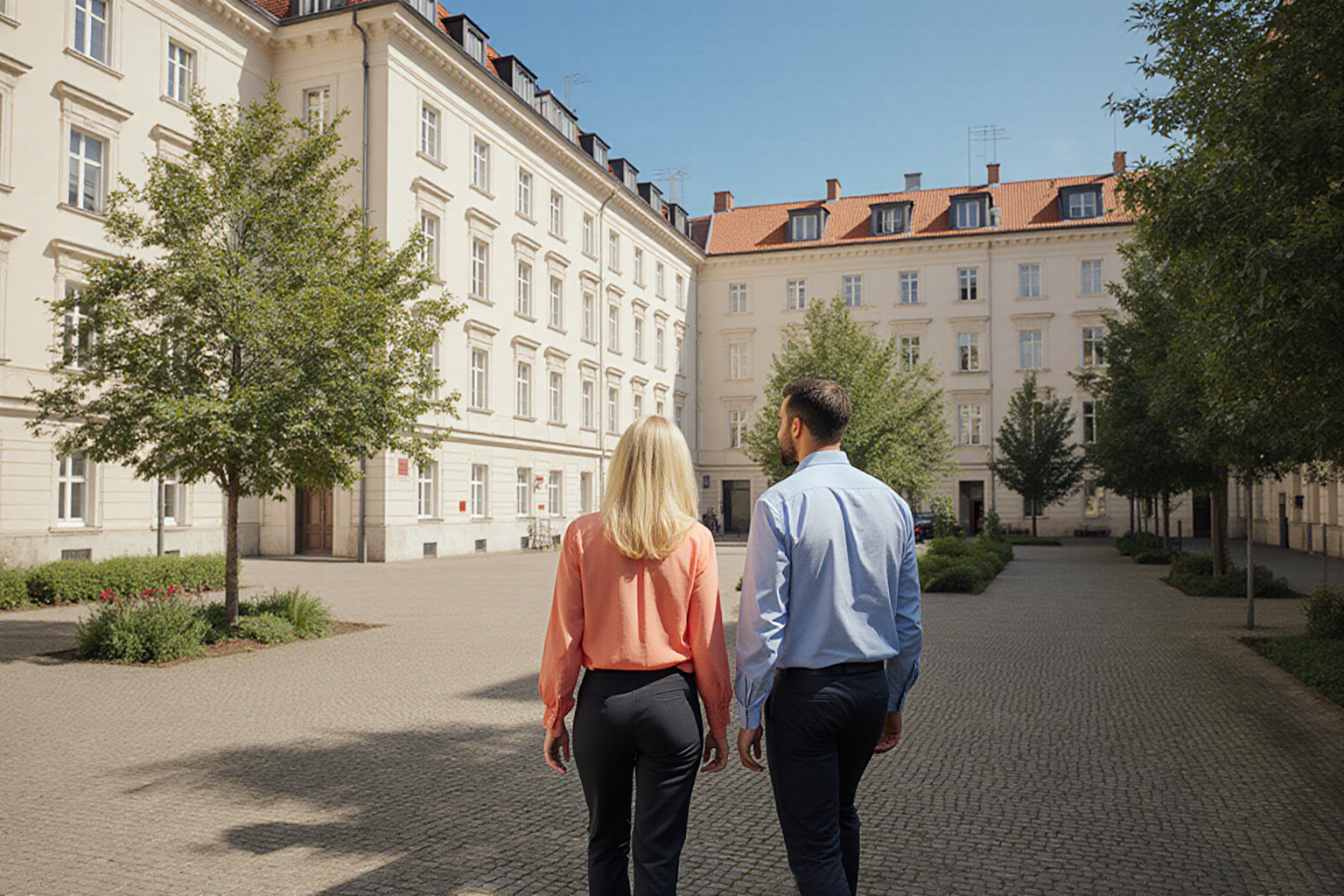 Offene Berliner Innenhofperspektive ohne Fensterrahmen, zwei Besichtiger von hinten, vollständige Köpfe, Tageslicht und blauer Himmel