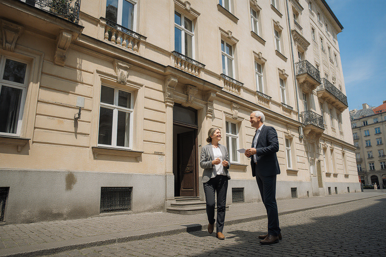 Gespräch vor einer Berliner Altbaufassade